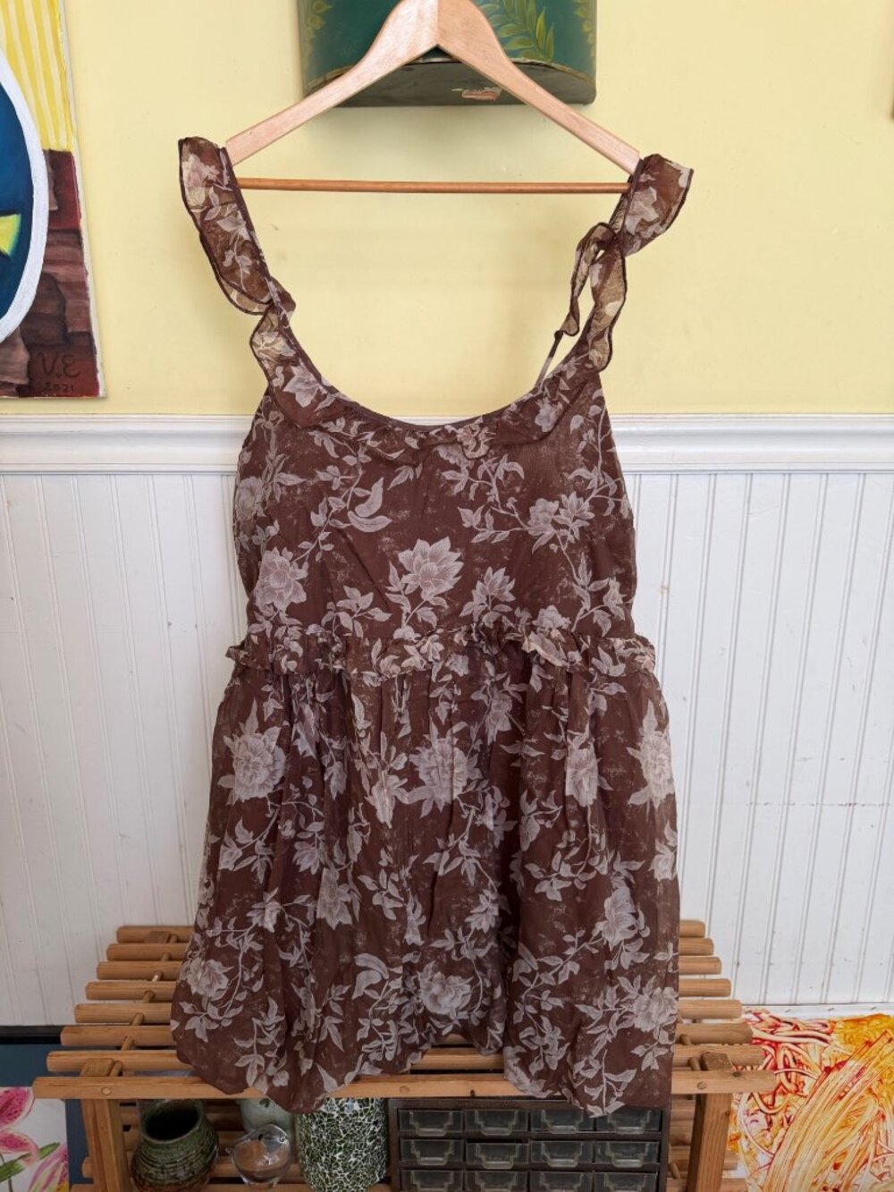 And now Floral Brown Sleeveless Smocked Dress Ruffled Straps & Empire Waist 3X